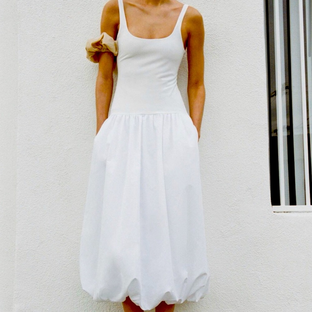 J CREW Fitted Knit Dress Poplin Skirt In White Bubble Hem Midi Dress S